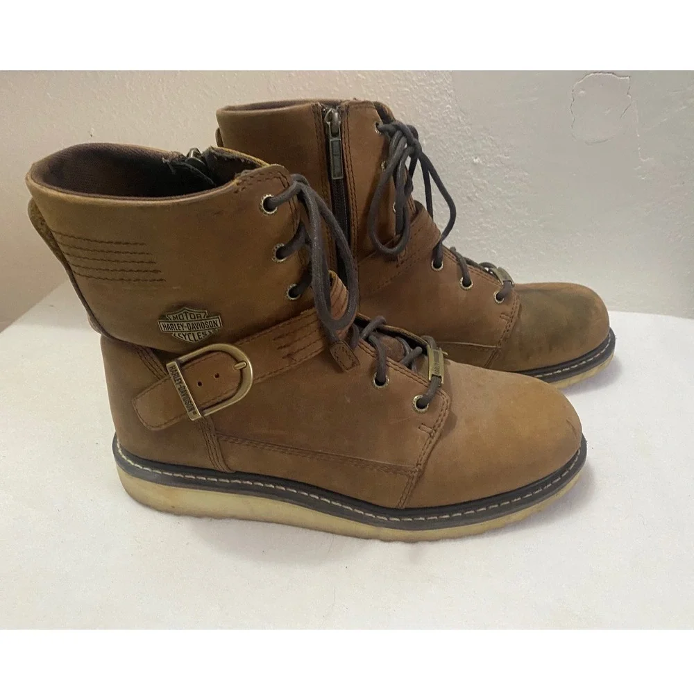 Harley Davidson Men's Brown Leather Lace Up Buckle Motorcycle Boots Size 11M